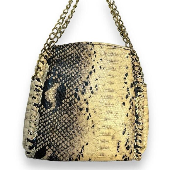 Steve Madden Faux Leather Python Snake Print Handbag Tote Womens Brown Chain - Picture 9 of 12